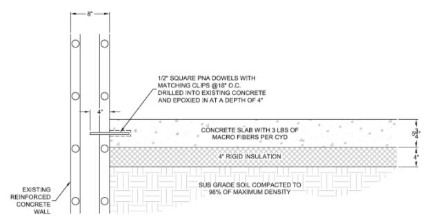 新楼板的横截面与现有的墙壁相连